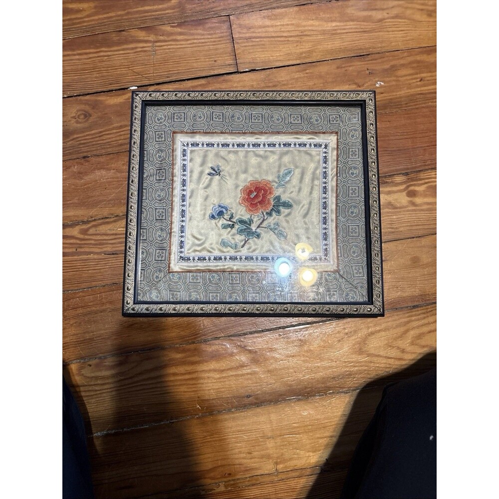 VTG Chinoiserie Silk Panel Embroidered Butterfly Floral 15.25”X16.25” Framed 1/2